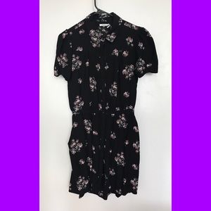 black floral button up short sleeve collar dress